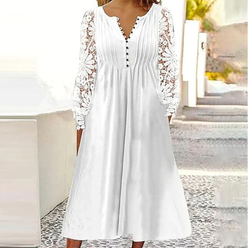 Damen nan wadenlanges A-Linien-Sommerkleid mit gehäkelten Langärmeln, Biesenoberteil und Zierknopfleiste Drune