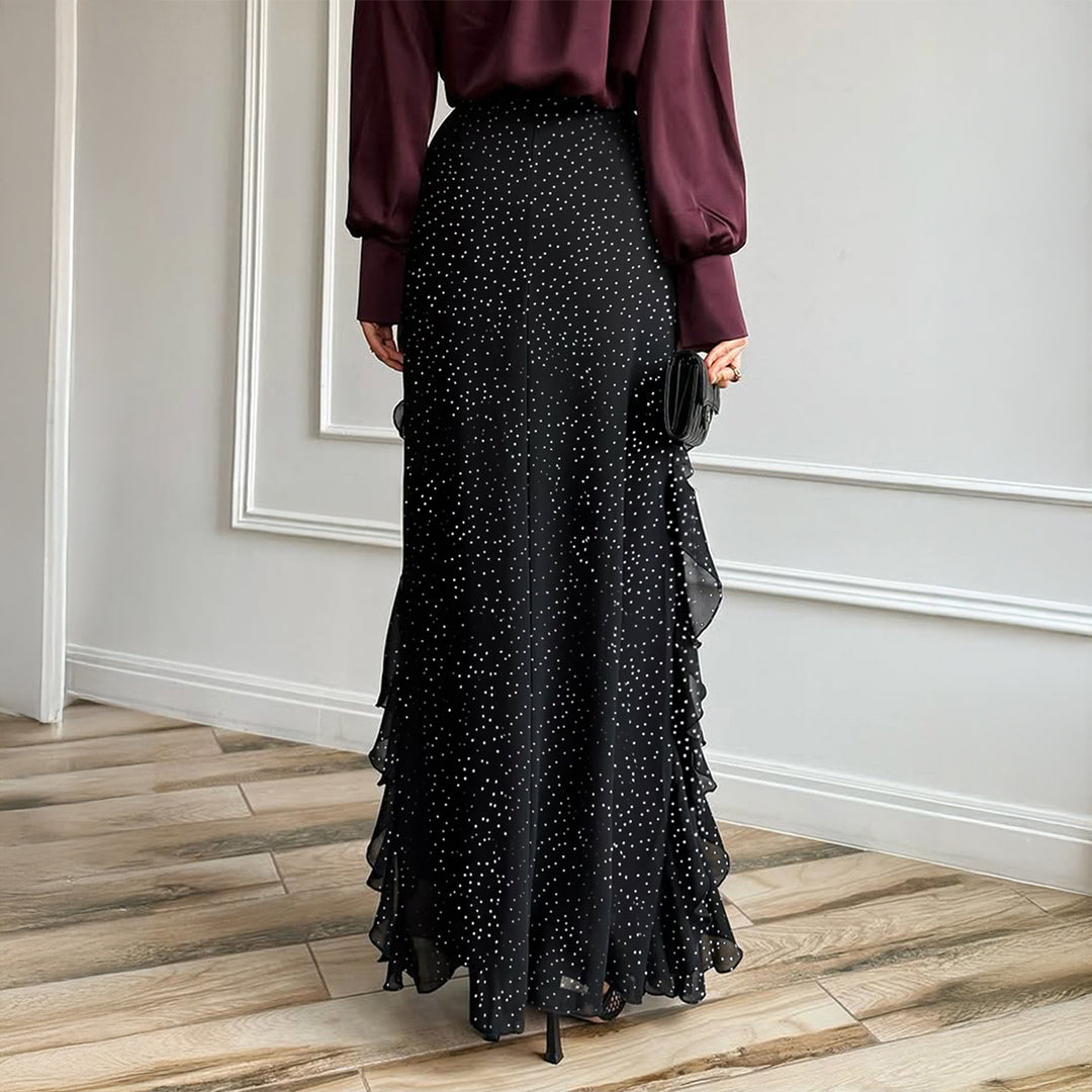 Damen nan Maxirock mit hohem Taillenbund, asymmetrischen Volants und fließender Chiffon‑Optik Drune