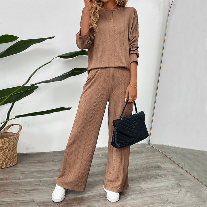 Damen Zweiteiliges Strick-Loungewear-Set mit Wide‑Leg-Hose und Henley-Oberteil Drune