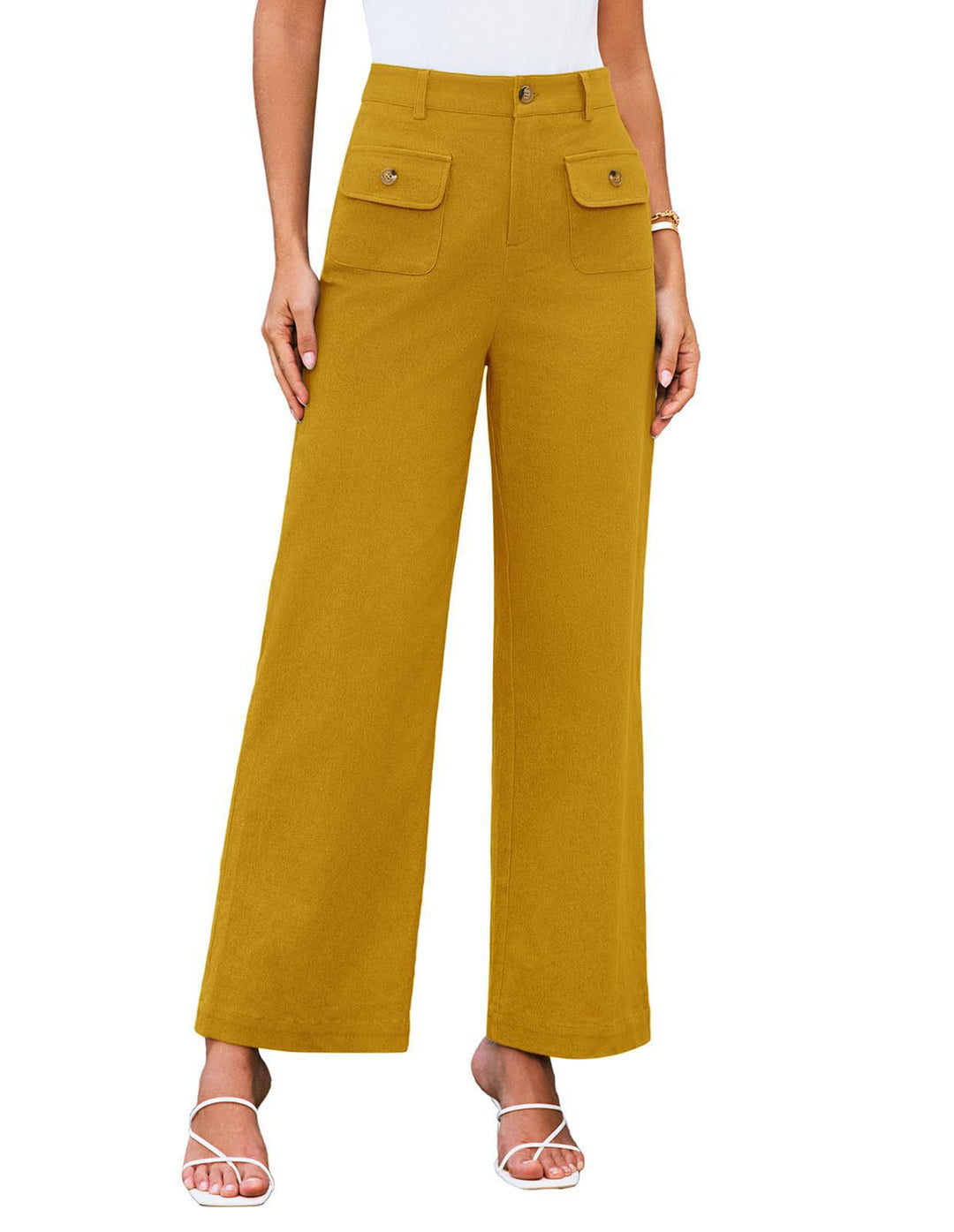 Hochtaillierte Damen-Trousers mit weitem Bein und Knopfklappen-Pattentaschen Drune