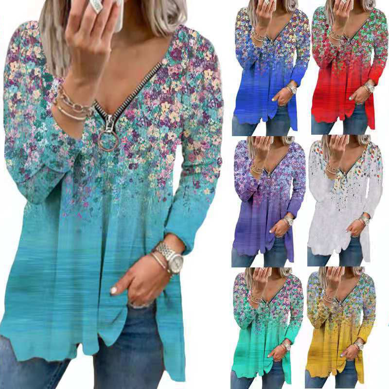 Damen Langarmshirt mit farbenfrohem Blütenmuster und modernem Zipper Drune