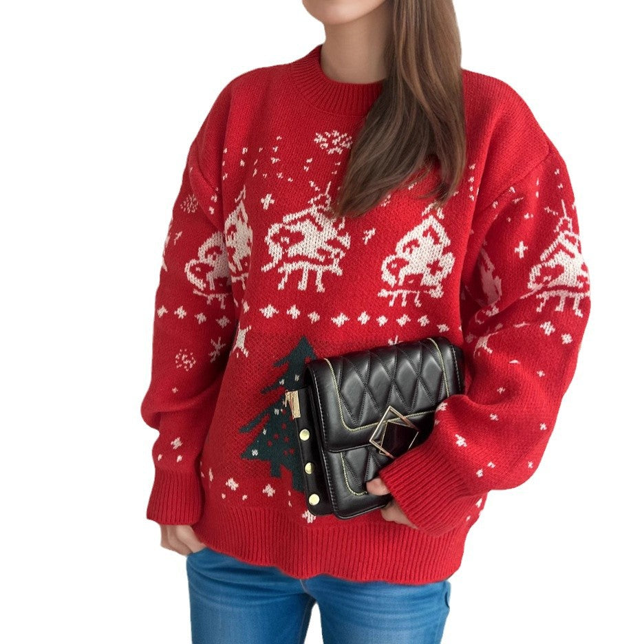 Damen gestrickter Weihnachtspullover mit festlichen Motiven und lässigem Schnitt Drune