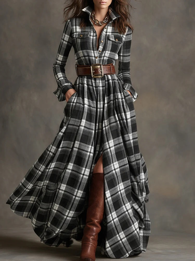 Damen nan karierte Maxikleid Hemdblusenkleid mit ausgestelltem Rock und breitem Taillengürtel Drune
