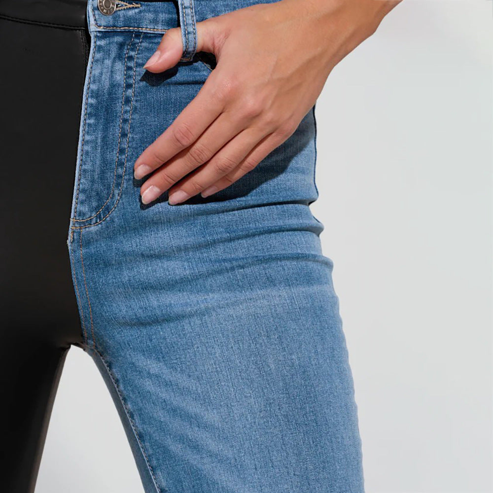Damen Skinny Jeans mit kombiniertem Denim- und Leder-Look Drune