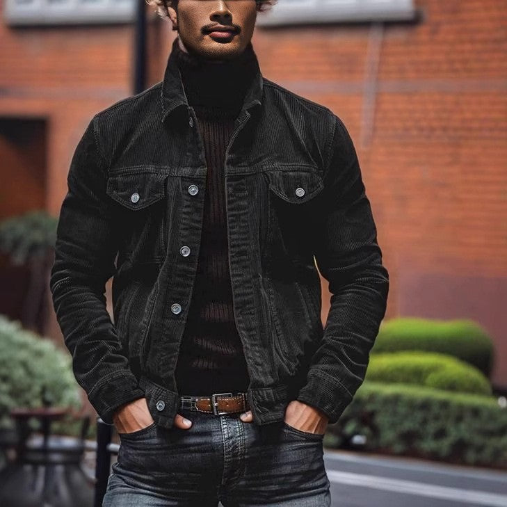Herren Feincord-Truckerjacke mit Brustpattentaschen und taillierter Silhouette Drune