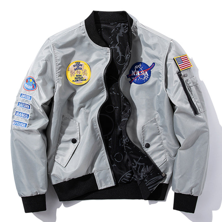Herren  bestickte Raum-Patch glänzende Shell Bomberjacke mit bedrucktem Innenfutter und Ärmel-Reißverschluss-Nutztasche Drune