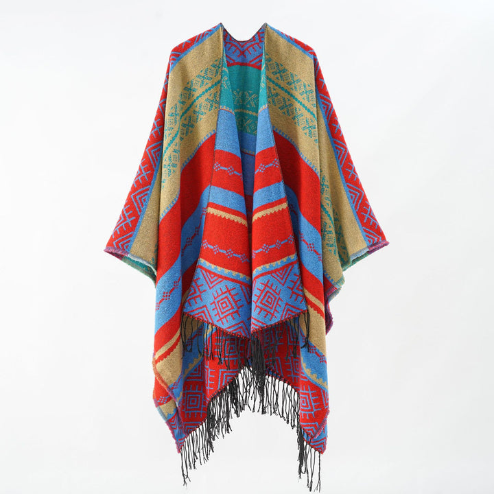 Damen Woven Jacquard-Poncho mit geometrischem Ethno-Muster und Fransensaum Drune