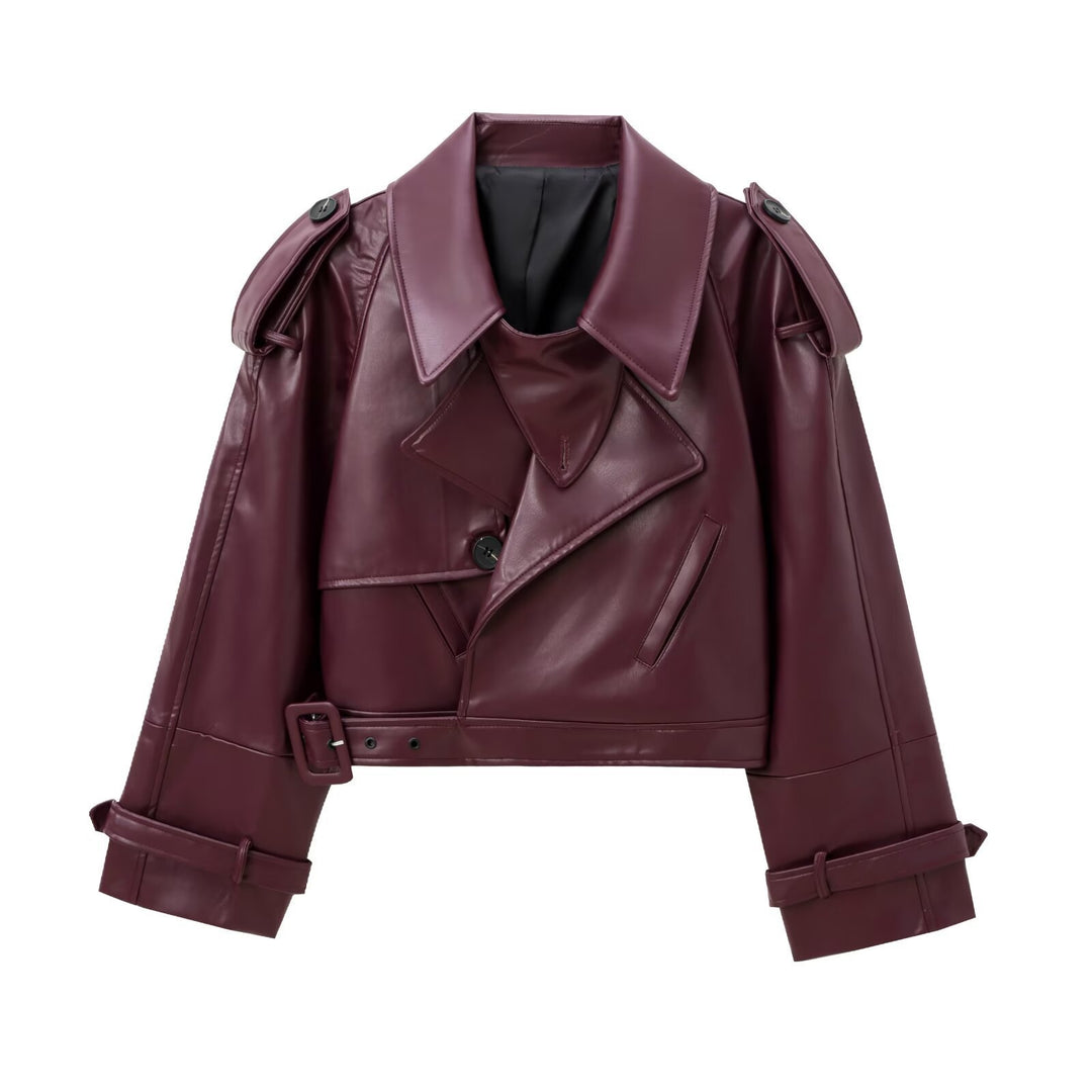 Damen nan cropped Kunstleder-Trench mit Schulterklappen, taillierendem Gürtel und verstellbaren Manschetten Drune