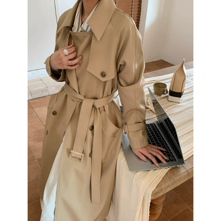 Damen Oversize Trenchcoat mit Doppelreihe, Taillengürtel und Epauletten Drune