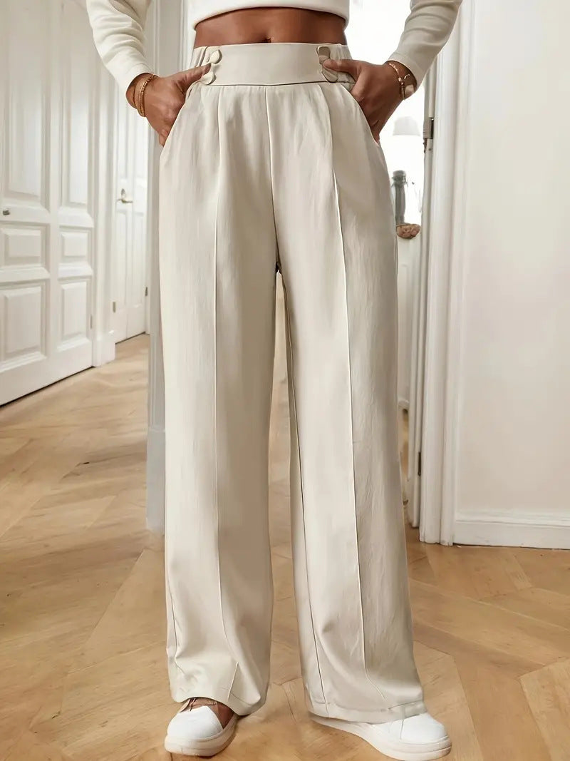 Damen Hochtaillierte Weite Palazzo‑Hose mit Bundknöpfen, Bügelfalte und Eingrifftaschen Drune