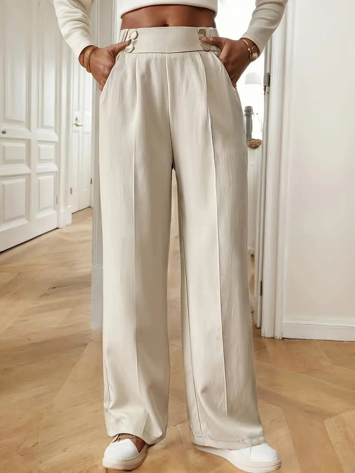 Damen Hochtaillierte Weite Palazzo‑Hose mit Bundknöpfen, Bügelfalte und Eingrifftaschen Drune