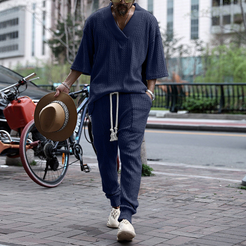 Herren Grobgestricktes Lounge-Set mit tiefem V‑Ausschnitt und Kordelzug-Jogger Drune