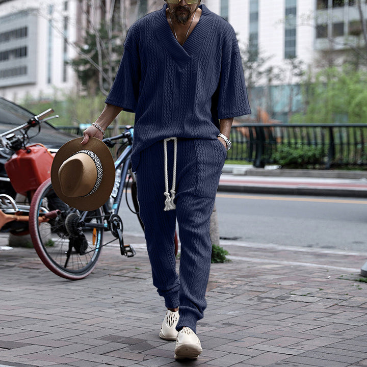 Herren Grobgestricktes Lounge-Set mit tiefem V‑Ausschnitt und Kordelzug-Jogger Drune