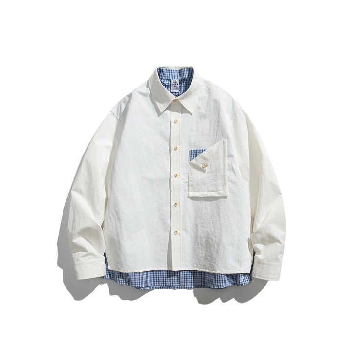 Herren Boxy-Overshirt im Layer-Look mit kariertem Innenfutter, Brusttasche und Holzknöpfen Drune