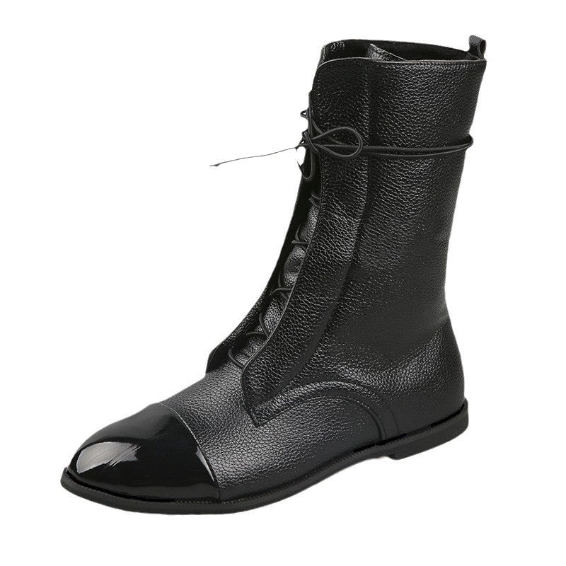 Damen Lederoptik-Schnürstiefelette mit glänzender Zehenkappe und niedrigem Blockabsatz Drune