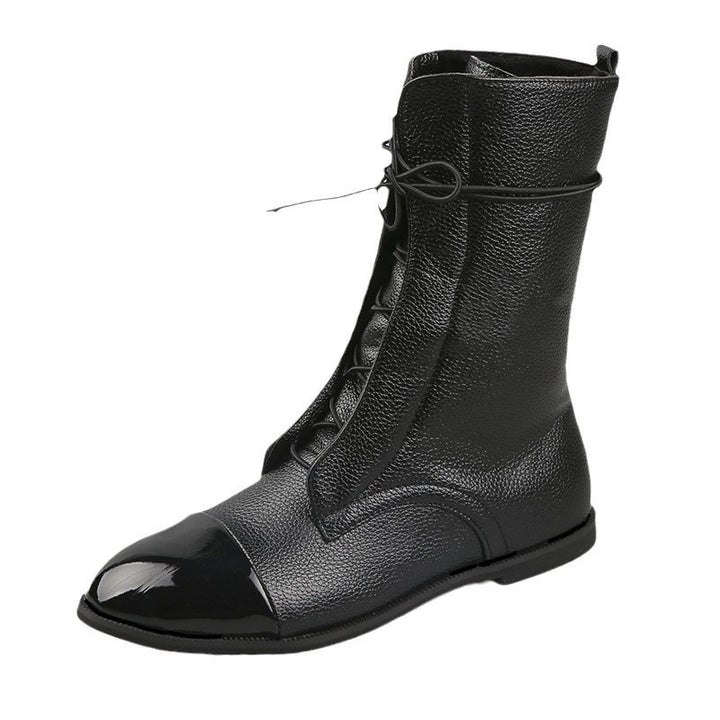 Damen Lederoptik-Schnürstiefelette mit glänzender Zehenkappe und niedrigem Blockabsatz Drune