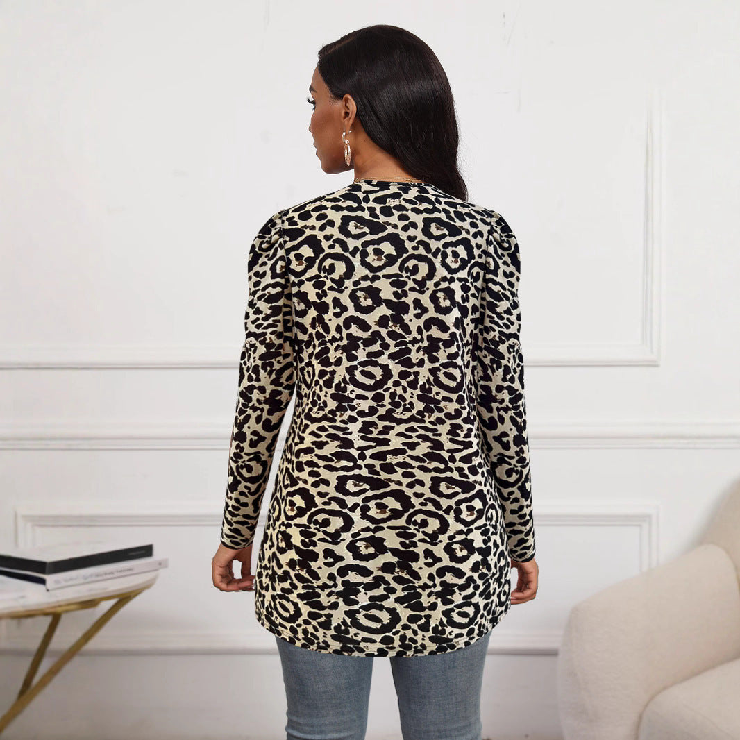 Damen Offene Leoprint Longjacke mit Puffärmeln, leichter WDrunequalität und fließender A‑Linie Drune