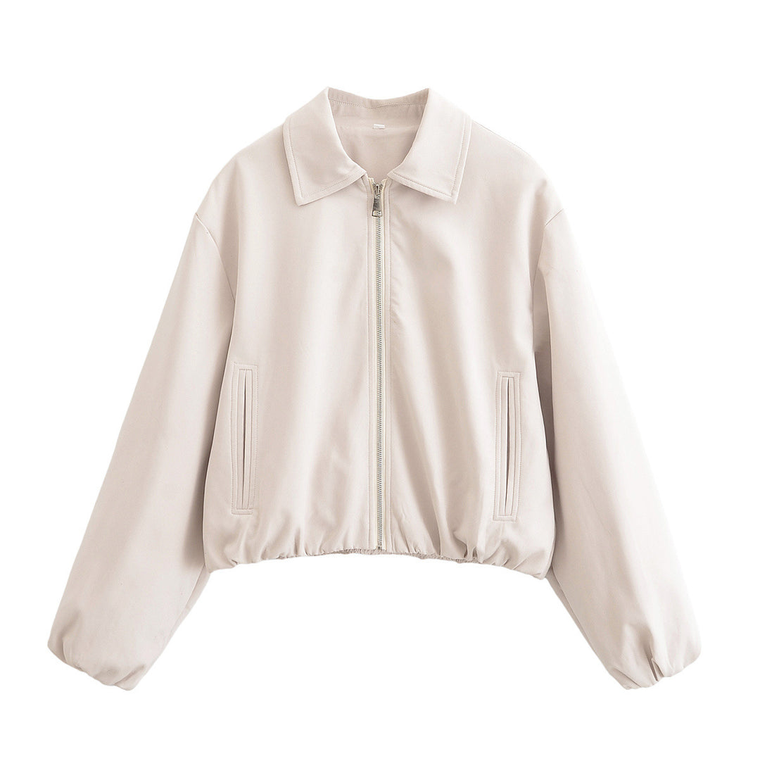 Damen Cropped Bomberjacke mit Ballonärmeln, Stehkragen und elastischem Saum Drune