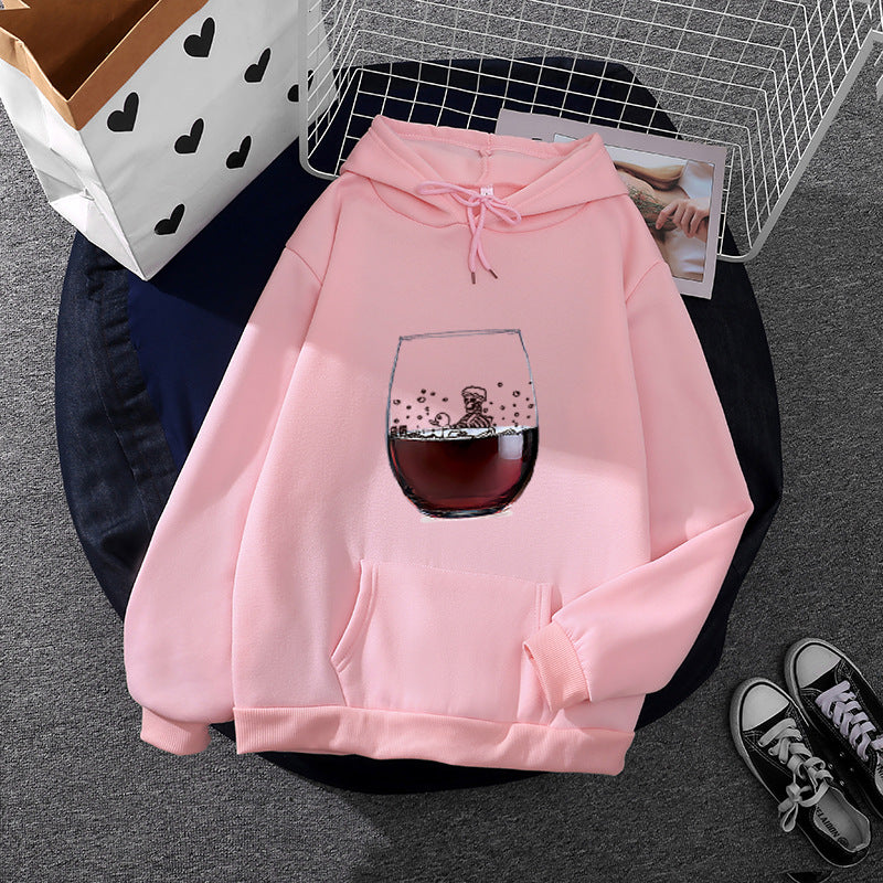 Damen nan lässiger Kapuzenhoodie mit fotorealistischer Weinglas‑Grafik, Kängurutasche und weichem Fleece Drune