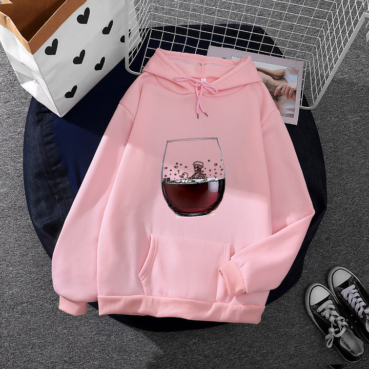 Damen nan lässiger Kapuzenhoodie mit fotorealistischer Weinglas‑Grafik, Kängurutasche und weichem Fleece Drune