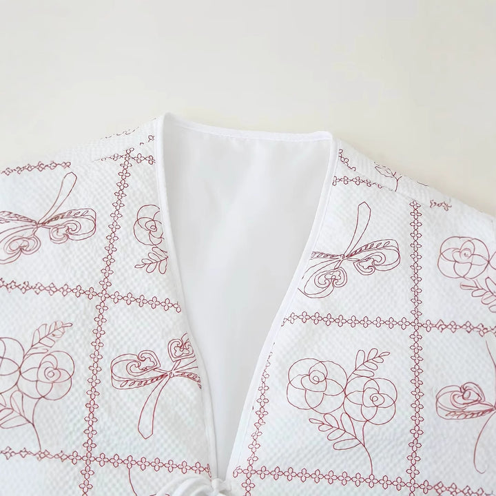 Damen nan gesteppte Kimono-Jacke mit Bindegürtel, aufgesetzten Taschen und floraler Karoprint Drune