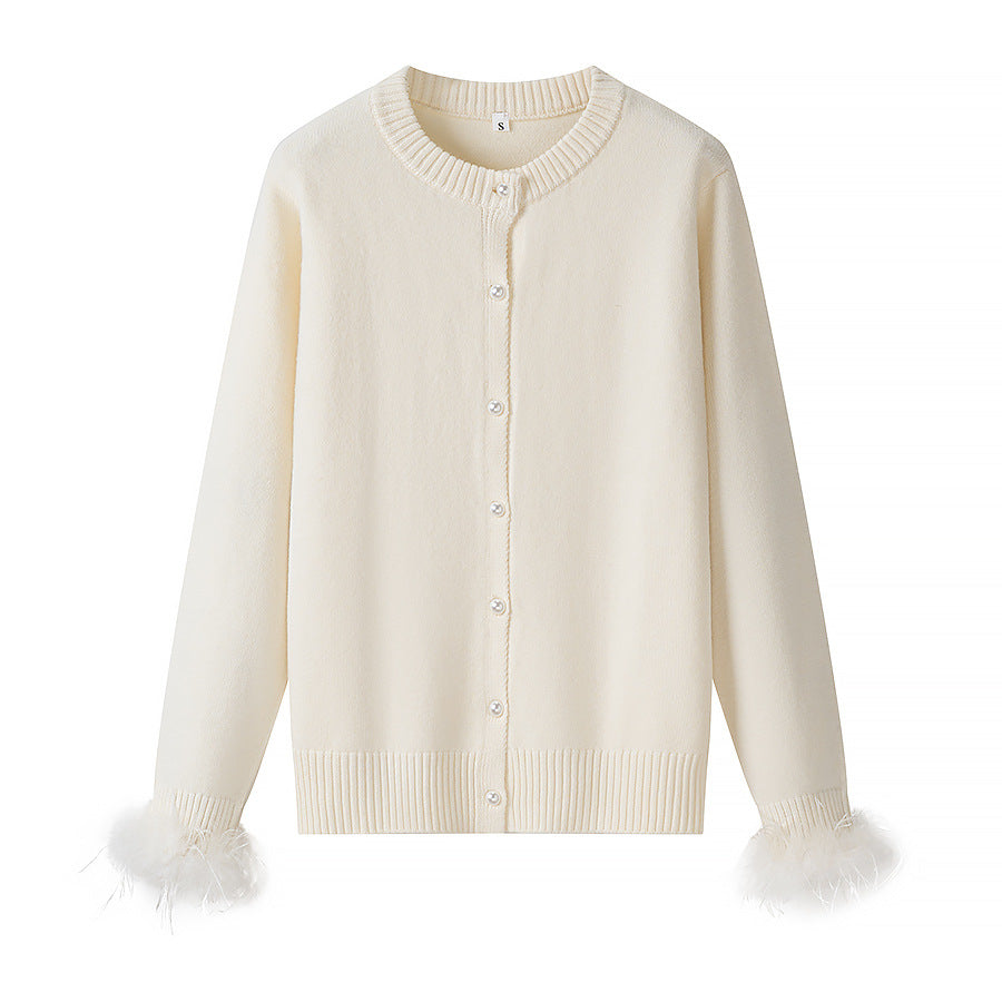 Damen Perlenknopf-Cardigan mit Kunstfeder-Bündchen Drune