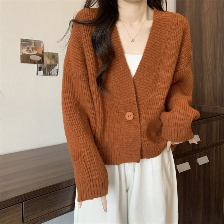 Damen trendige Strickjacke mit tiefem V-Ausschnitt und Knopfverschluss Drune