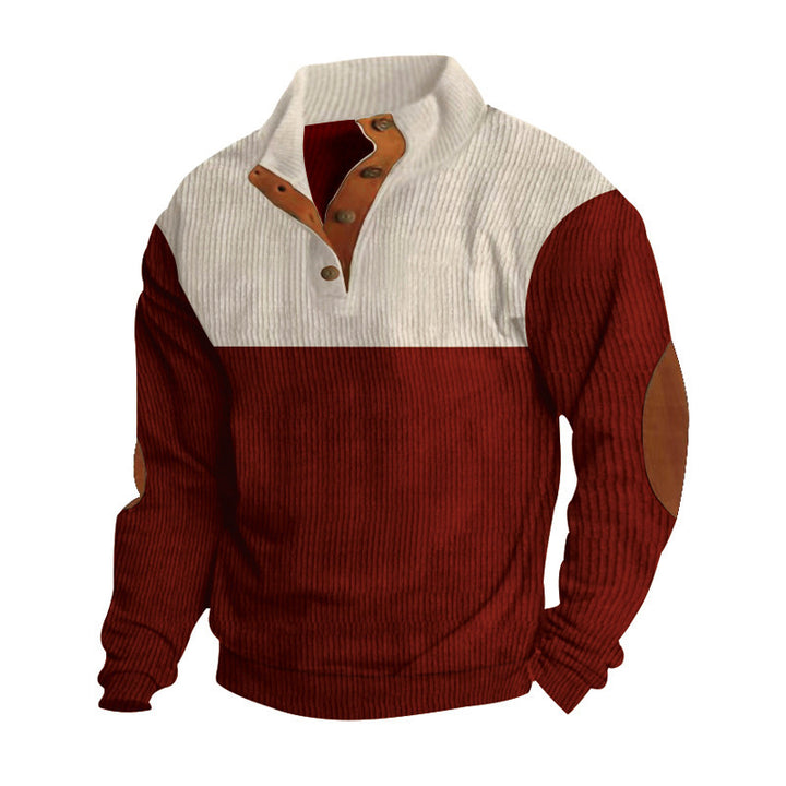Herren nan Rippenstrickpullover mit Stehkragen Knopfleiste und Leder-Ellbogenpatches Drune