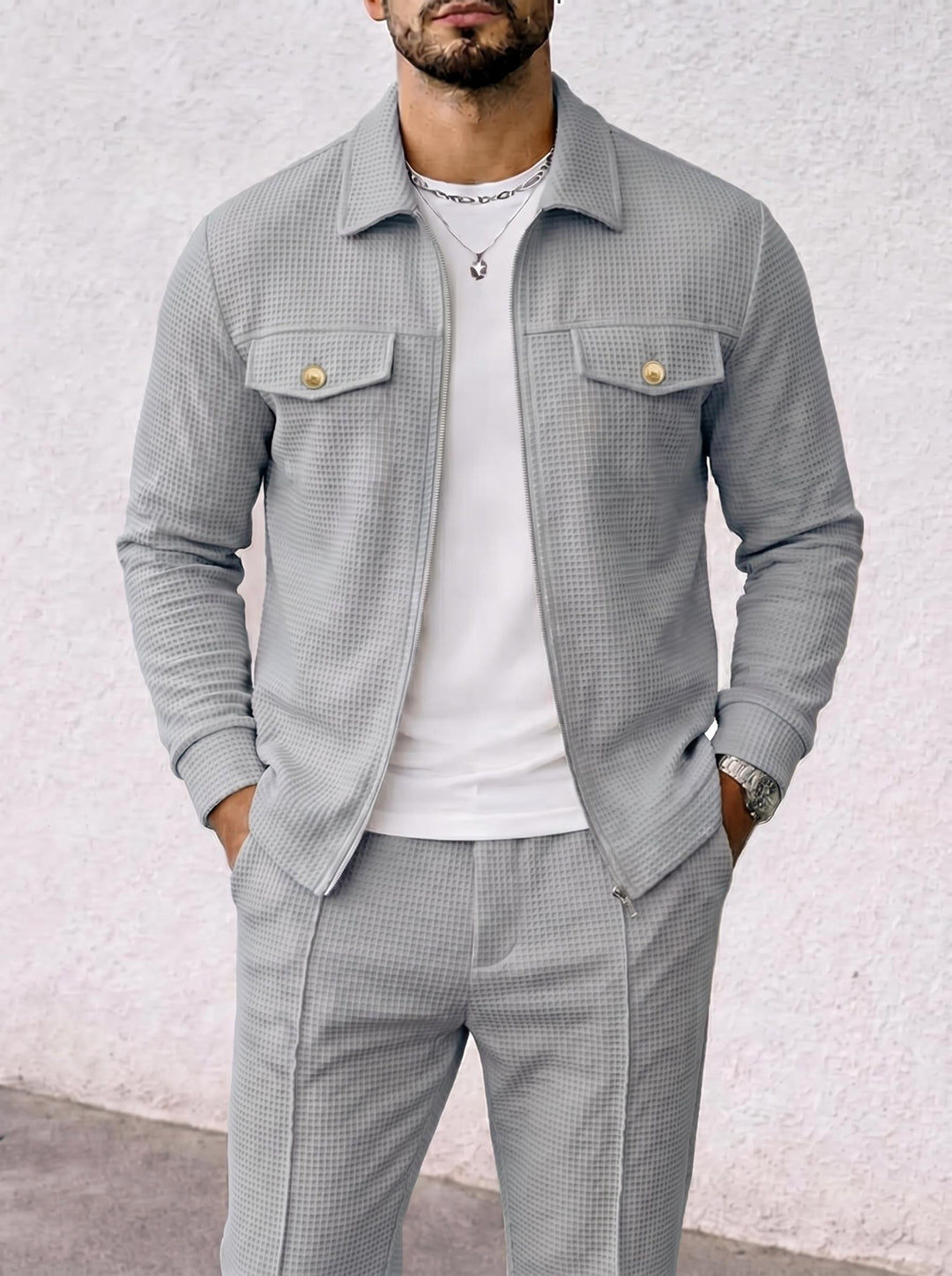Herren strukturierte Overshirt-Jacke mit Waffelstruktur, Pattentaschen und verdecktem Reißverschluss Drune