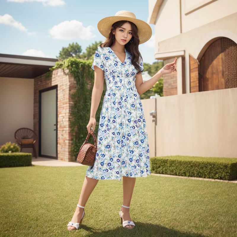 Damen Elegantes Maxikleid mit floralen Akzenten und leichtem V-Ausschnitt Drune