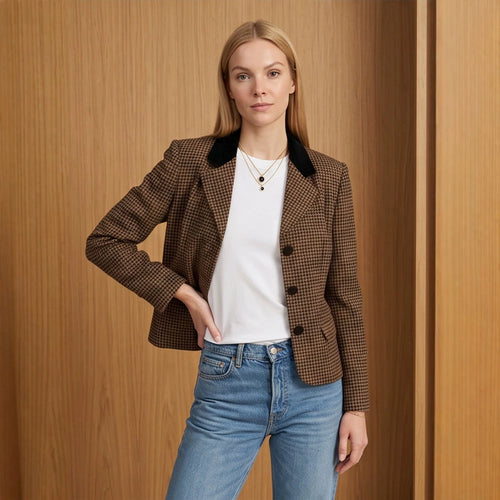 Damen Taillierter Hahnentritt-Blazer mit Samtkragen und Zweiknopfleiste Drune