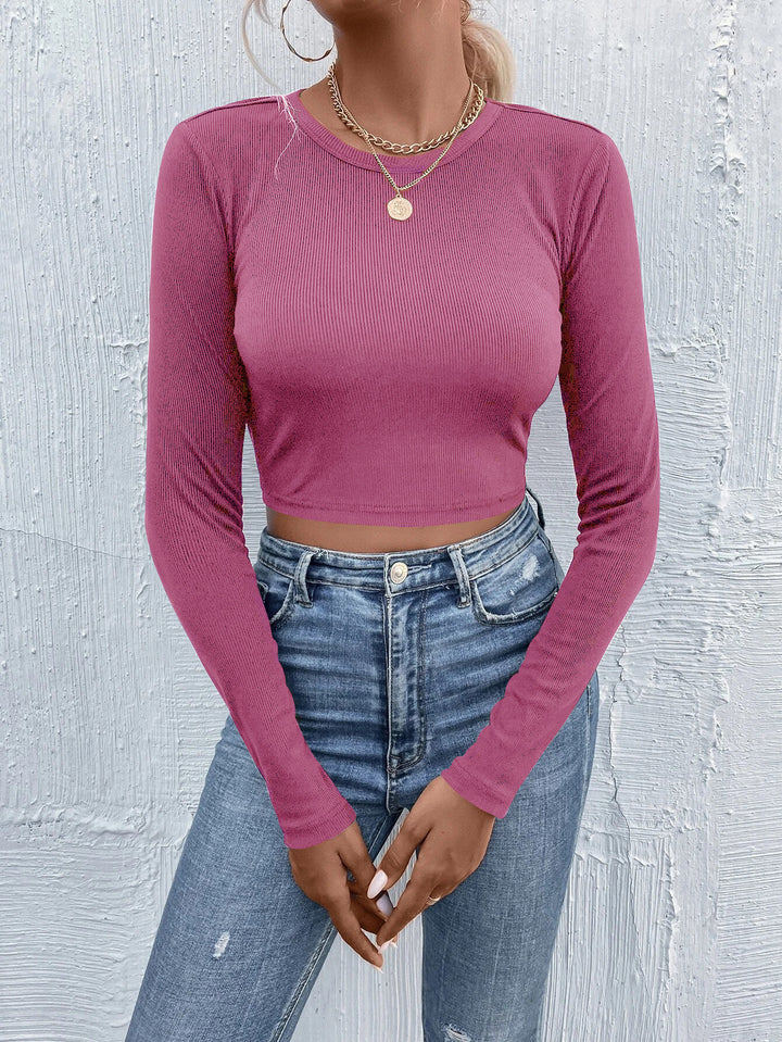Damen figurnahes geripptes Crop-Longsleeve mit Rundhalsausschnitt und formstabiler Stretchfaser Drune