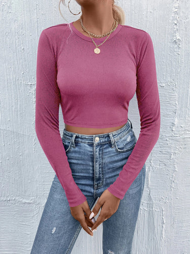 Damen figurnahes geripptes Crop-Longsleeve mit Rundhalsausschnitt und formstabiler Stretchfaser Drune