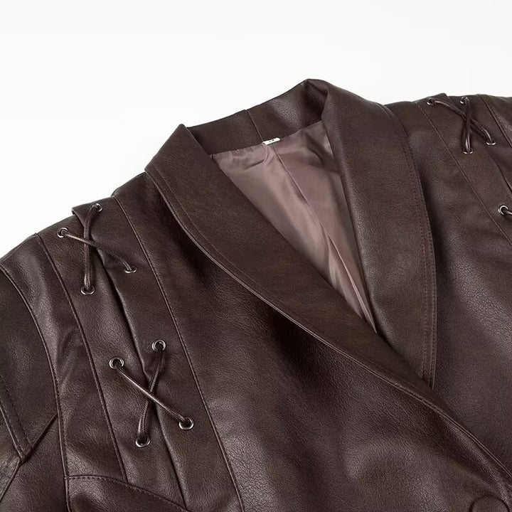 Damen Kurzblazer-Lederjacke mit Schalkragen, Taillengürtel und Schnürdetail Drune