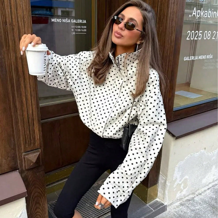 Damen Polka‑Dot Stehkragen‑Bluse mit oversized Ballonärmeln Drune