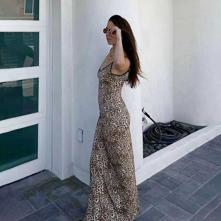 Damen elegantes Maxikleid mit tierischem Muster und schmalen Trägern Drune