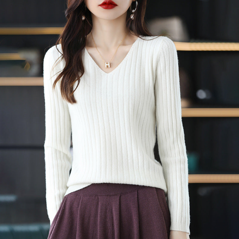 Damen Strickpullover mit feiner Rippenstruktur und V-Ausschnitt Drune