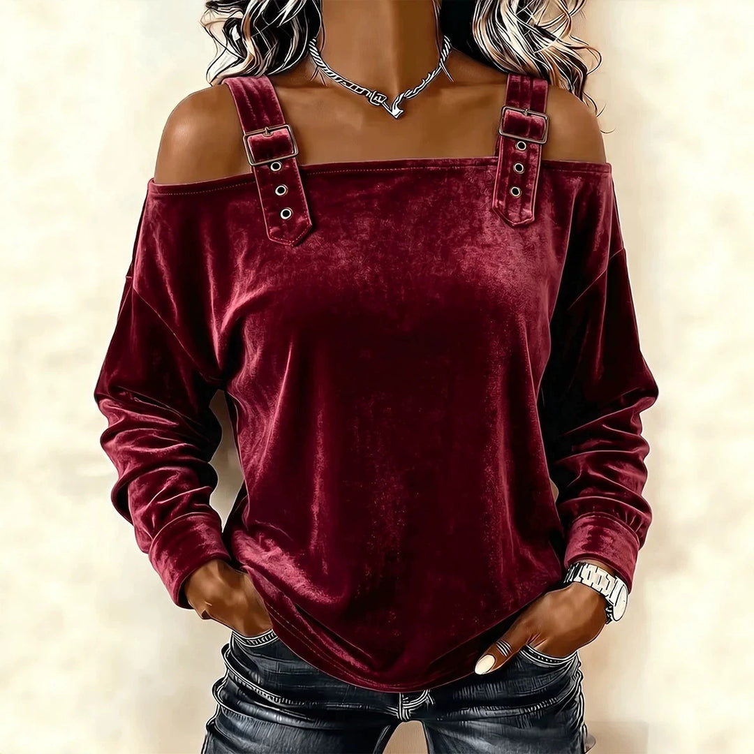 Damen Schulterfreies Samtshirt mit verstellbaren Gurt‑Trägern und lässiger Oversize‑Passform Drune