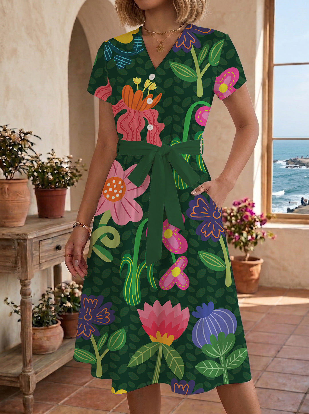 Damen Midikleid mit floralem Muster und Taillengürtel Drune