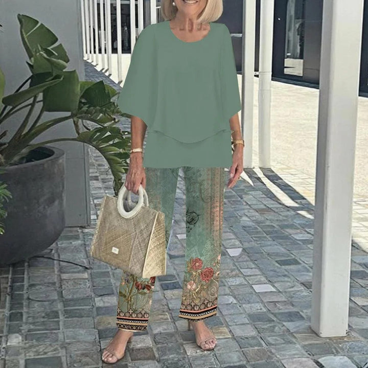 Damen nan Lagen-Tunika mit Cape-Ärmeln und knöchellanger Geradebeinhose mit Grafikprint Drune