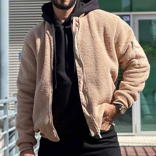 Herren Teddy-Fleece Bomberjacke mit Reißverschluss und Ärmeltasche Drune