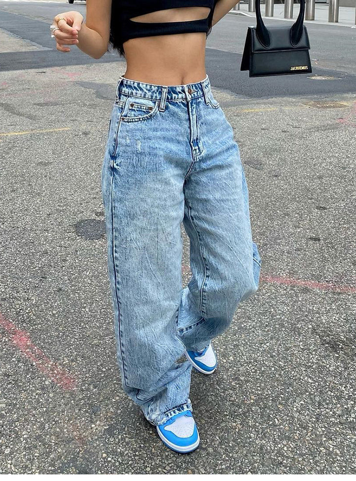 Damen nan weite High-Waist Baggy-Jeans mit tiefem Schritt, Five-Pocket Design und extra-langen Beinen Drune