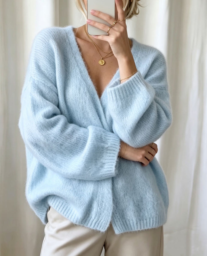 Damen Offener Fluffy-Feinstrick-Cardigan mit tiefem V‑Ausschnitt und legerer Oversize‑Silhouette Drune