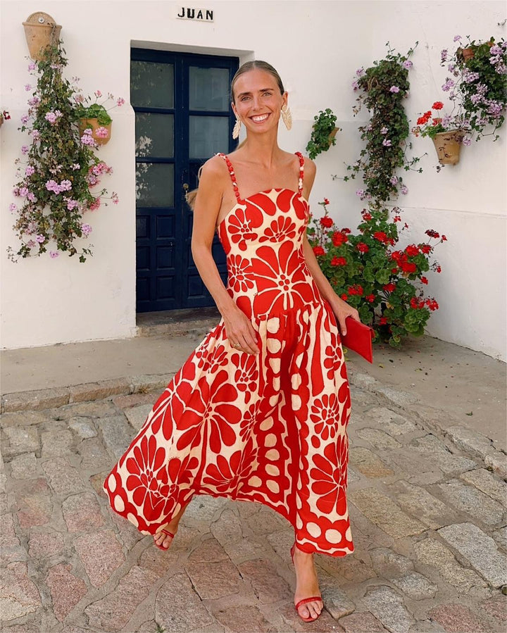 Damen Midi-Kleid mit floralem Print und Spaghetti-Trägern Drune