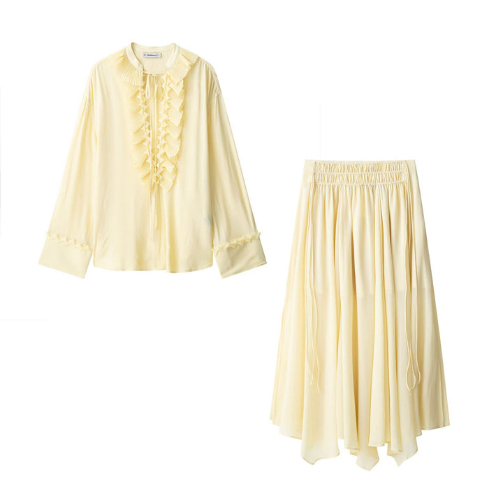 Damen 30+ romantische Bluse mit Plisseevolant, Bindeband und weiter Ärmel Drune