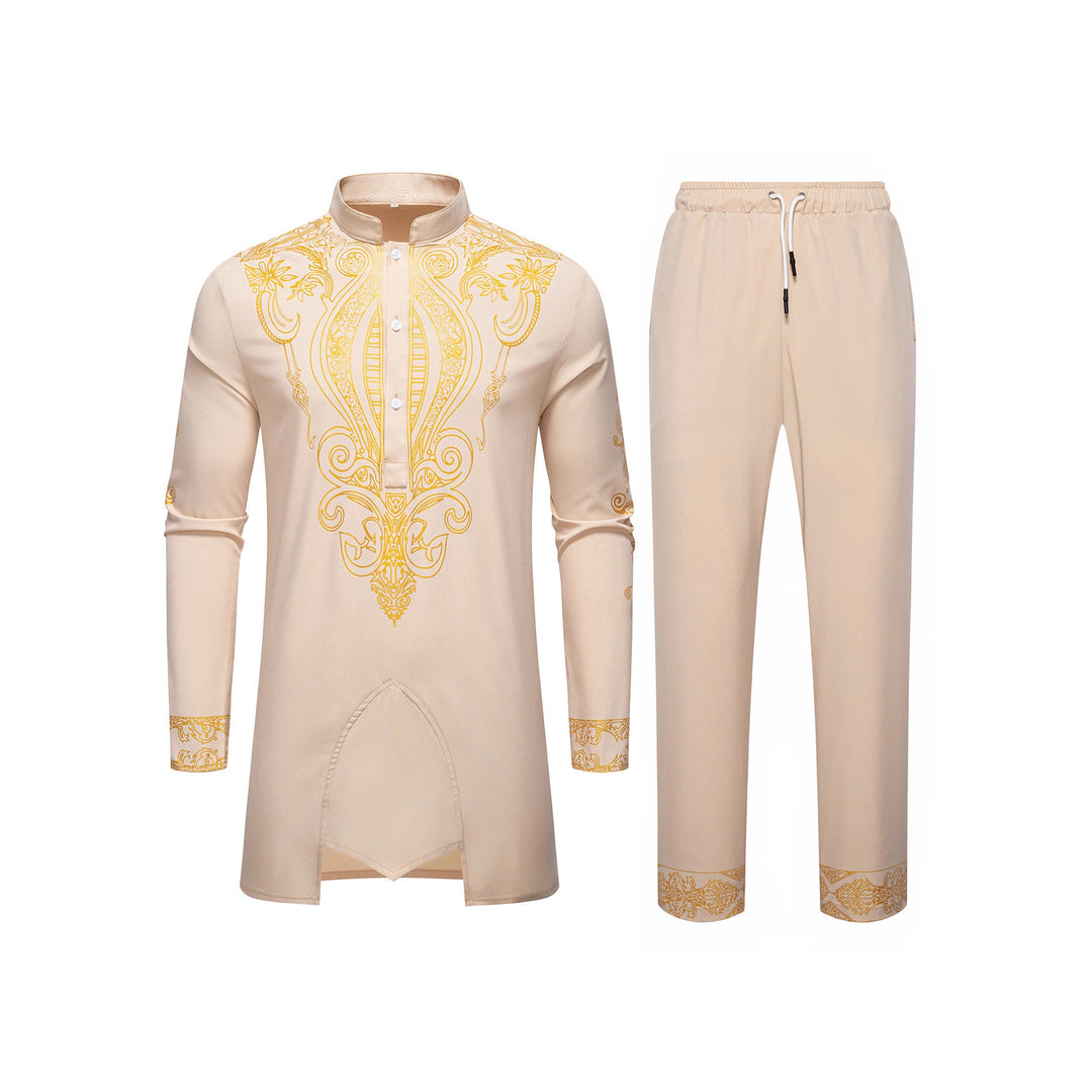 Herren Tunika Anzug mit Stehkragen und ornamentaler Goldapplikation Drune