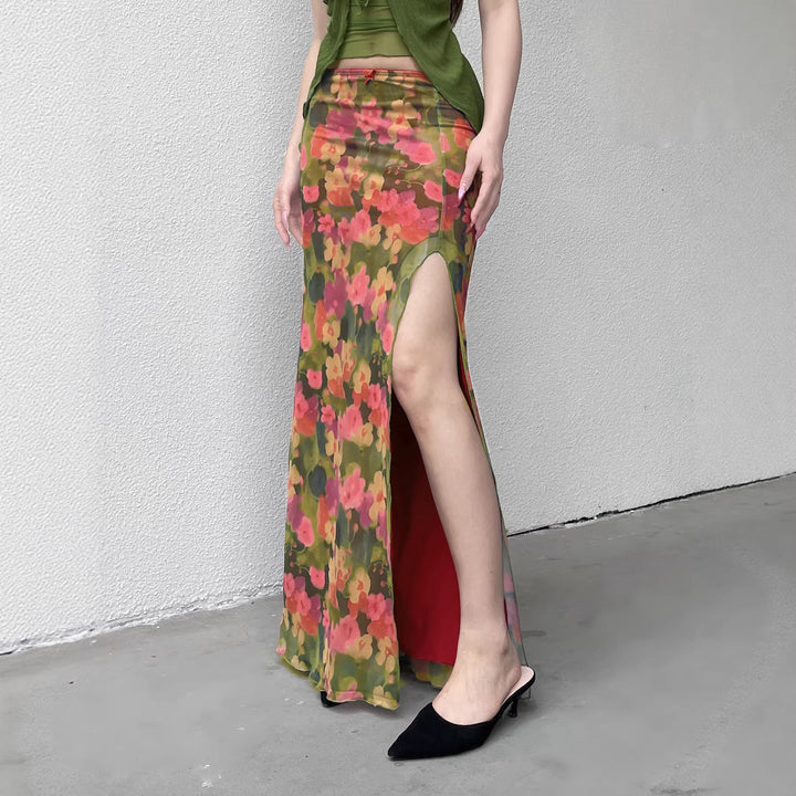 Damen Maxirock mit Chiffon-Overlay, floraler Allover-Print und hohem Seitenschlitz Drune