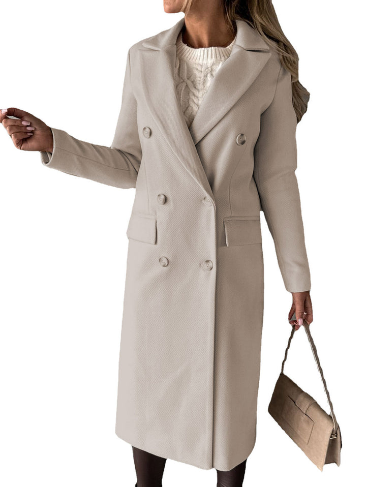 Damen Doppelreihiger Midilanger Wollmantel mit Reverskragen und taillierter Silhouette Drune