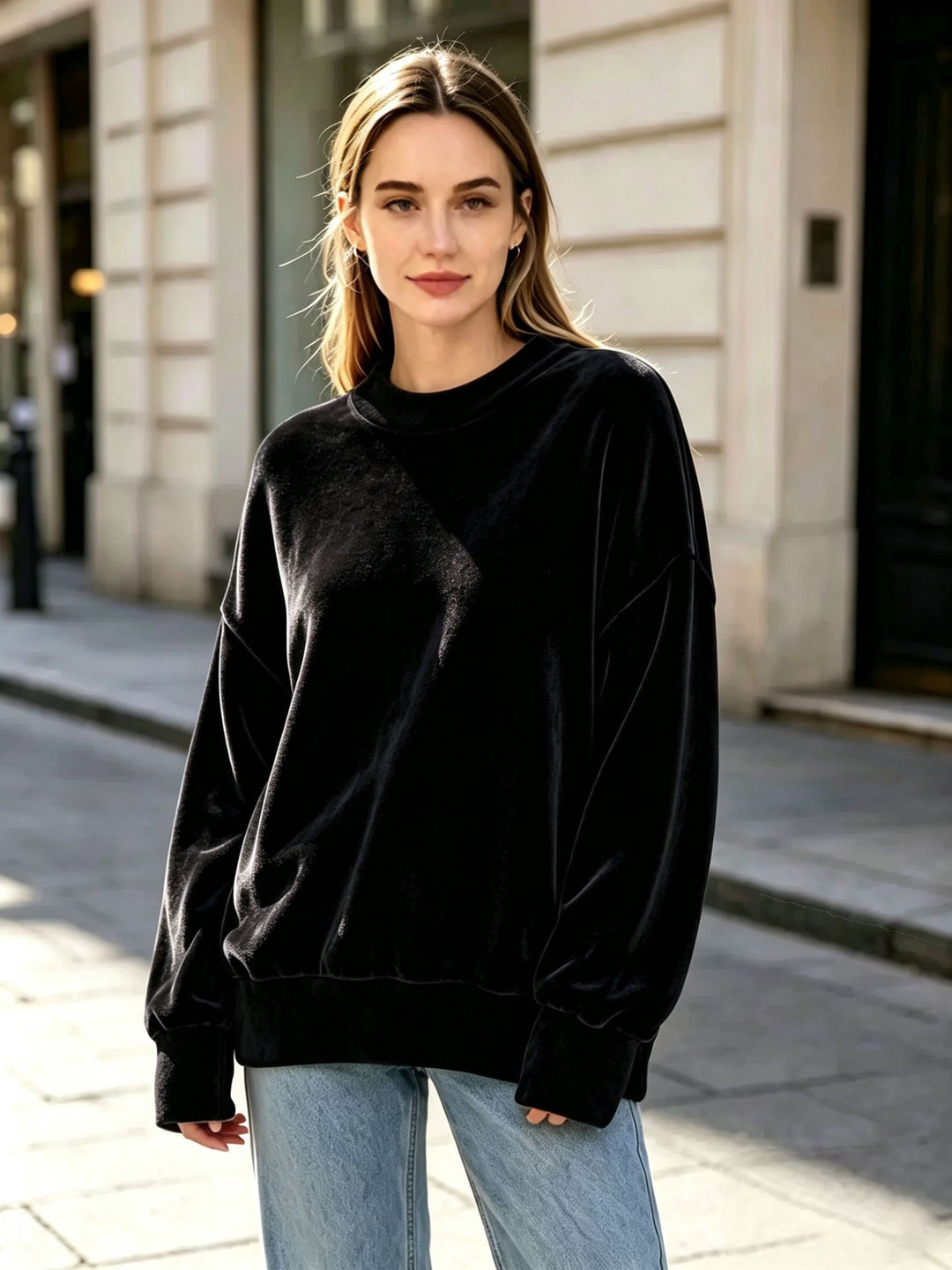 Damen Weicher Oversize-Samtpullover mit hohem Rundhals und überschnittenen Ärmeln Drune
