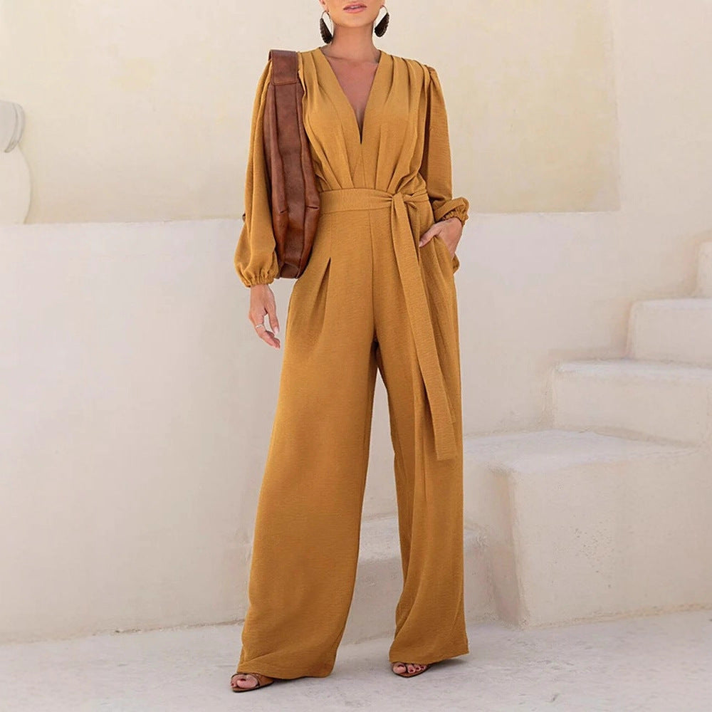Damen Eleganter Palazzo-Jumpsuit mit tiefem V‑Ausschnitt, Bindegürtel und Ballonärmeln Drune